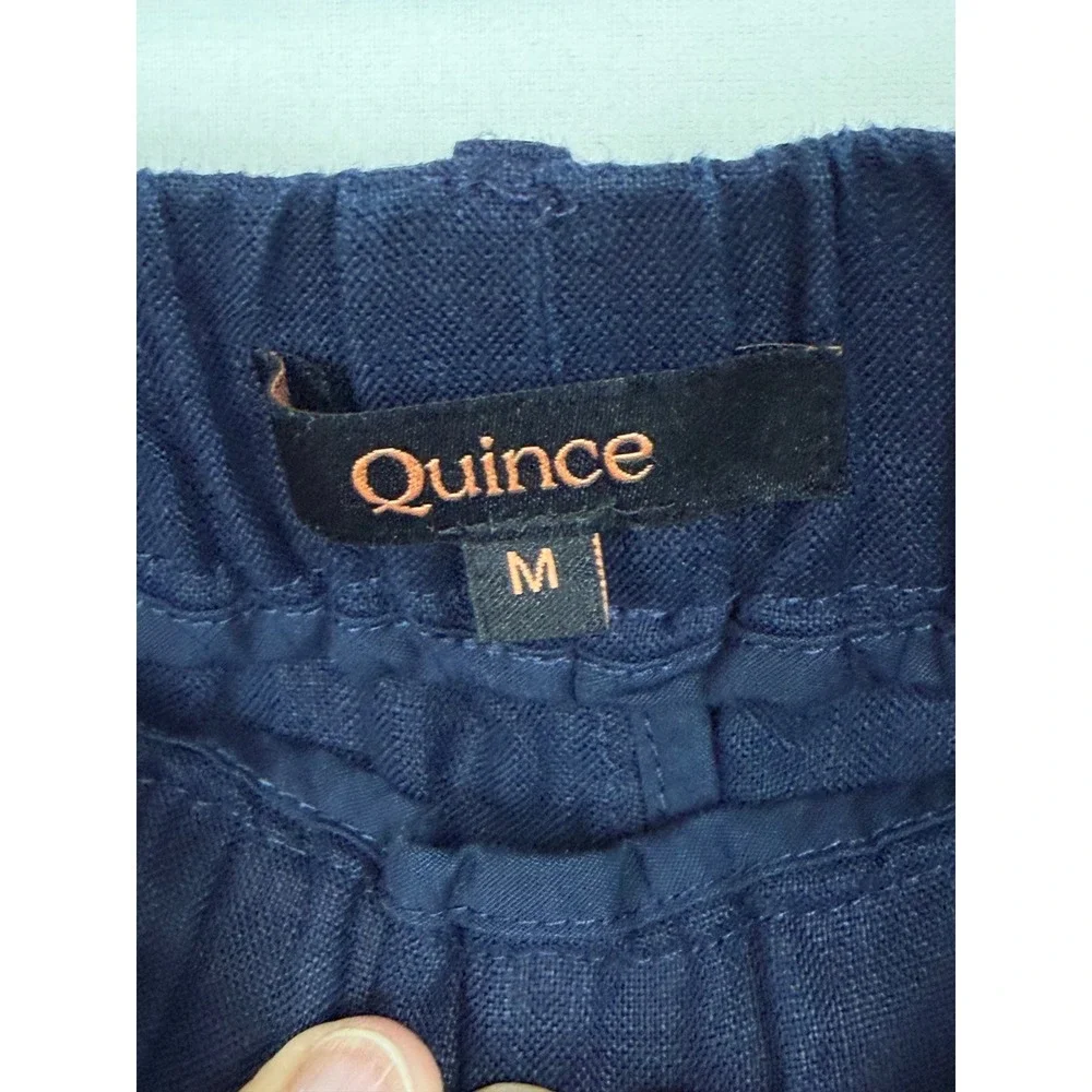 Quince Women 100% Linen Pants Size M Navy Blue Elastic Waist Tapered Trousers